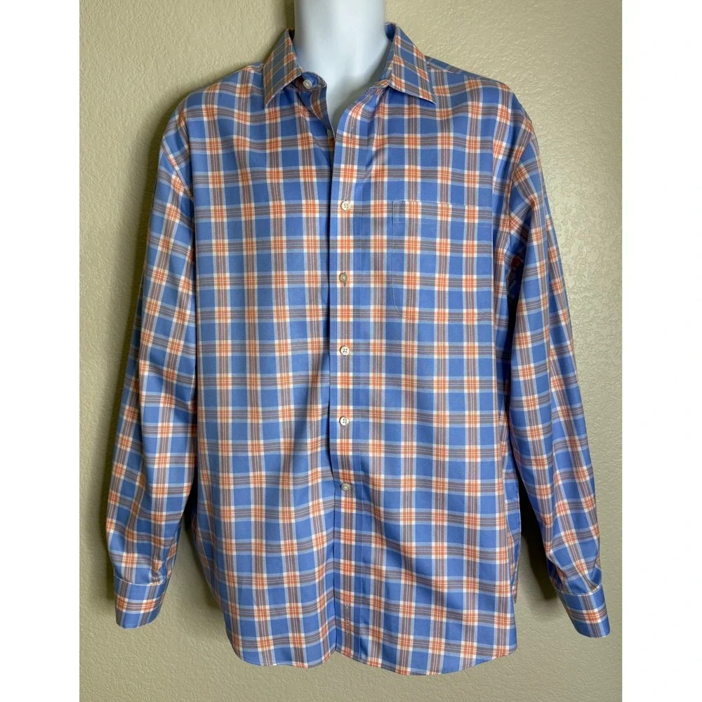 Jos. A. Bank Men L Button Down Shirt Blue Orange Plaid Wrinkle Free Tailored Fit